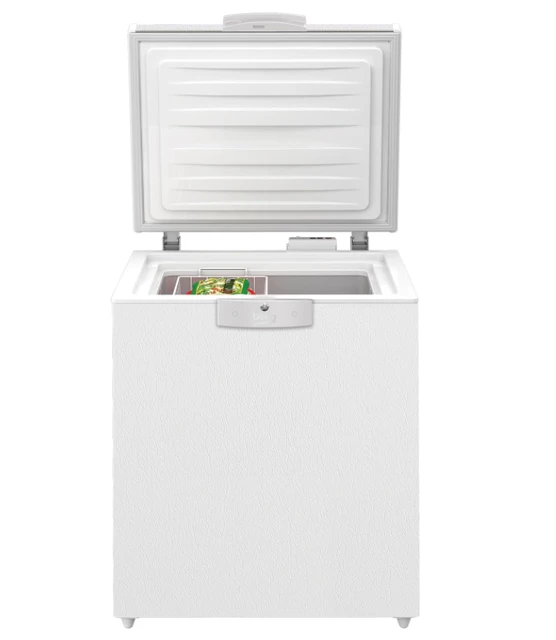 Beko HSM14550 gefrierschrank, 148 L nutzinhalt, 1 gefrierkorb, temperaturalarm, abschließbar, LED-Display-system, innenbeleuchtung, 39 dB (A), für unbeheizte räume geeignet, weiß [energieklasse D]