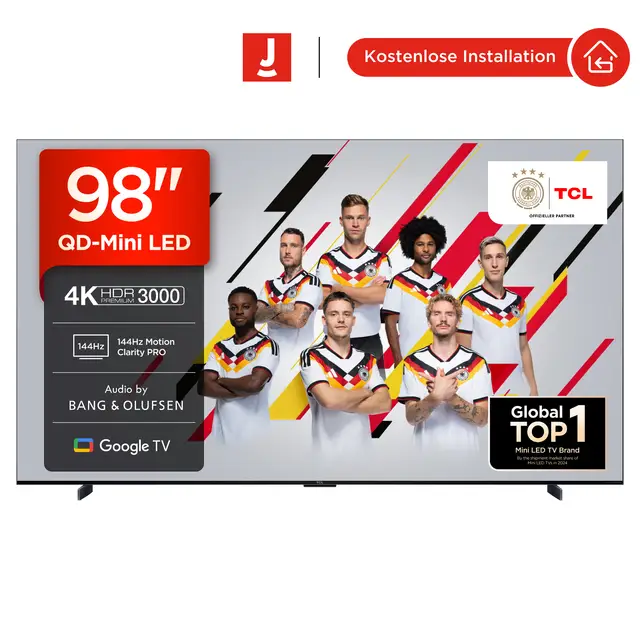 TCL Fernseher 98Q7C, 98 Zoll, QLED Mini LED, 4K HDR Premium, Dolby Vision IQ & Atmos, Google TV, 144 Hz VRR, FreeSync Premium Pro, Bang & Olufsen Sound, IMAX Enhanced