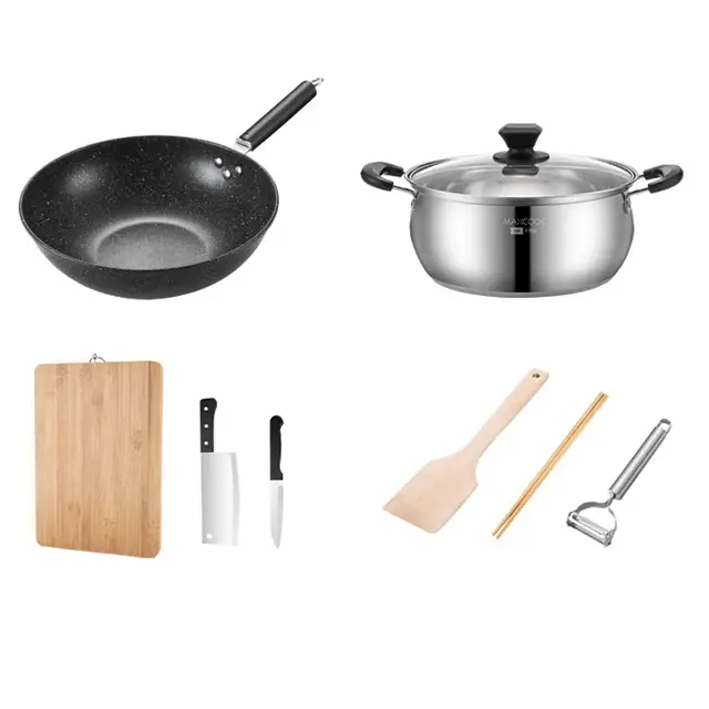 Maxcook Pots and Pans Cookware Set of 8 - Frying panSoup potCutting boardCutting knifeChopsticksWooden spatulaParing knifeKnife