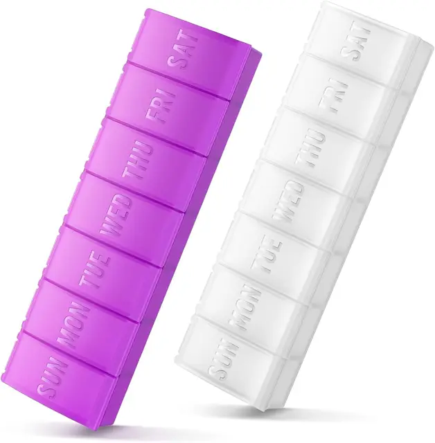 VVM 7-daagse pillenorganizer, wekelijkse medicijndoos, pillendoos voor op reis, geschikt voor grote vitamines, supplementen en visolie, paars + wit, 2 stuks
