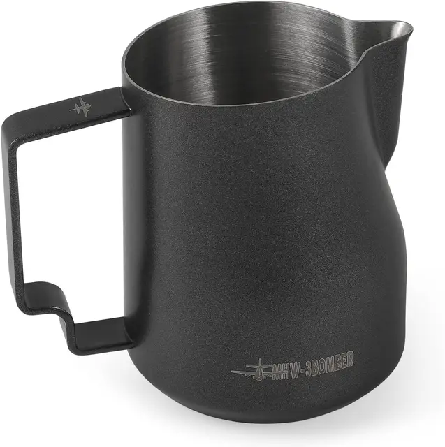 MHW-3BOMBER 450 ml (15 oz) Milk Jug Professional 15 oz Milk Jug Stainless Steel for Espresso, Cappuccino Steaming Foaming with Hawksbill Mouth Design, Barista Accessories Black Model: P6005MB