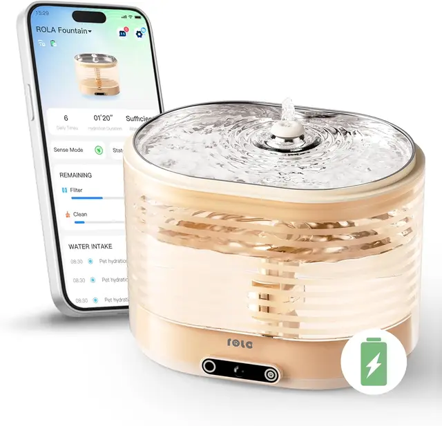 ENABOT ROLA 02 Fontaine à eau pour animaux, avec pompe sans fil à induction magnétique, surveillance à distance de l'eau via app, batterie rechargeable et fonctionnement ultra-silencieux
