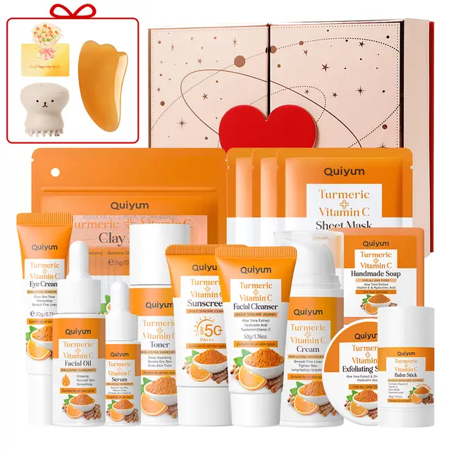 QUIYUM Geschenkset für Weihnachten und Neujahr – Kurkuma & Vitamin C Hautpflege‑Set (16‑teilig): Kurkuma‑Seifenstück 100 g, Scrub 100 g, Gesichtswasser 100 ml, Serum 17 ml, Augencreme 20 g, Gesichtscreme 30 g, Gesichtsmaske 25 g × 3, Serumöl 30 ml, Feuchtigkeitsstift 40 g, Gesichtsreiniger 50 g, Sonnenschutzcreme 50 g, Tonerde‑Maske 5 g × 12, mit Gesichtsschrubber und Oktopus‑Gesichtsreinigungsbürste