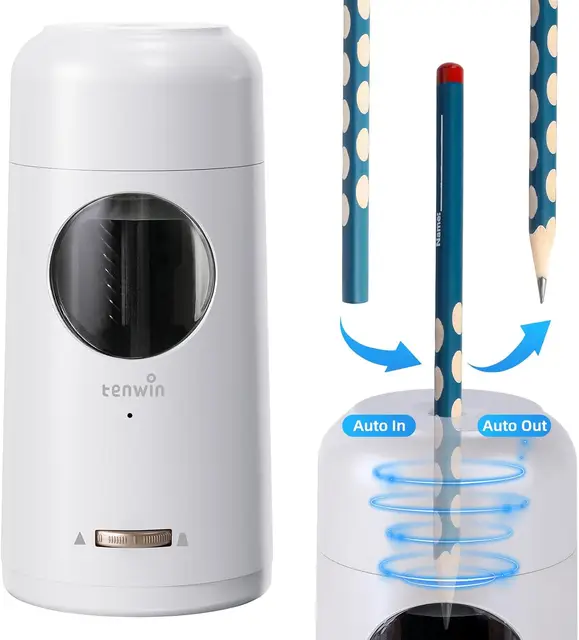 tenwin Fully Automatic Electric Pencil Sharpener, Rechargeable Pencil Sharpener with Container for 7-11.5mm Pencils & Colored Pencils, Fast Sharpening, Portable and Safe for Home, Office, School Use (White)