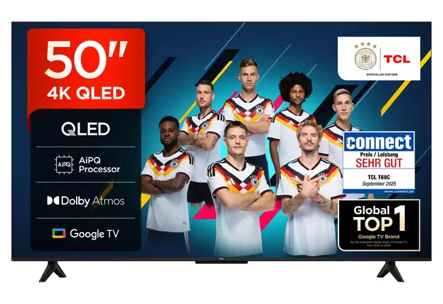 TCL 50T69C 50 Zoll QLED, Direct LED, 4K HDR, Smart Google TV mit Dolby Vision & Atmos, Game Master, Motion Clarity, Google Assistant & Alexa