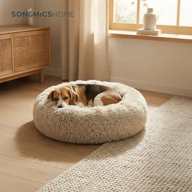 SONGMIC Hundebett, Katzenbett, Donut-Kissen, waschbar, abnehmbare Zentraleinlage, langes Plüschmaterial, Durchmesser 80 cm, Ombre-Khaki