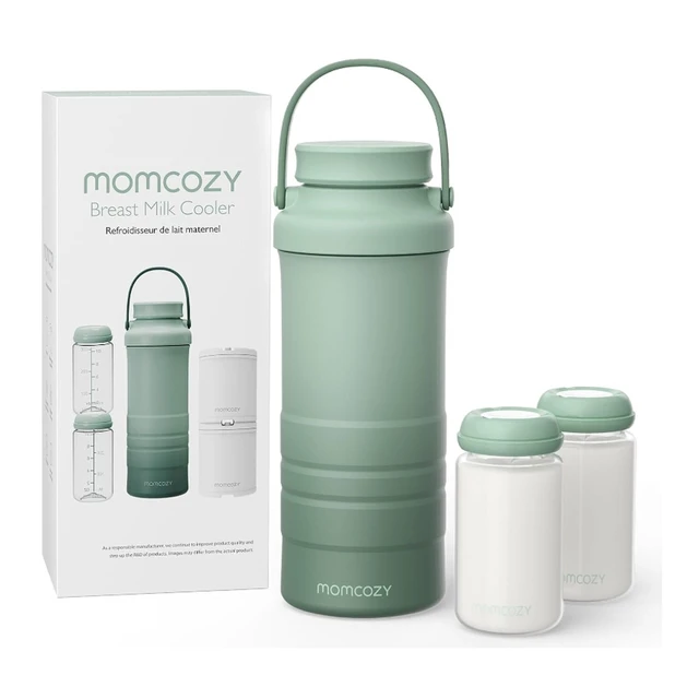 Momcozy draagbare moedermelkkoeler, 650 ml, essentieel voor buiten, 360° rondom koeling, tot 24 uur, grote reiskoeler met 2 babyflessen, groen
