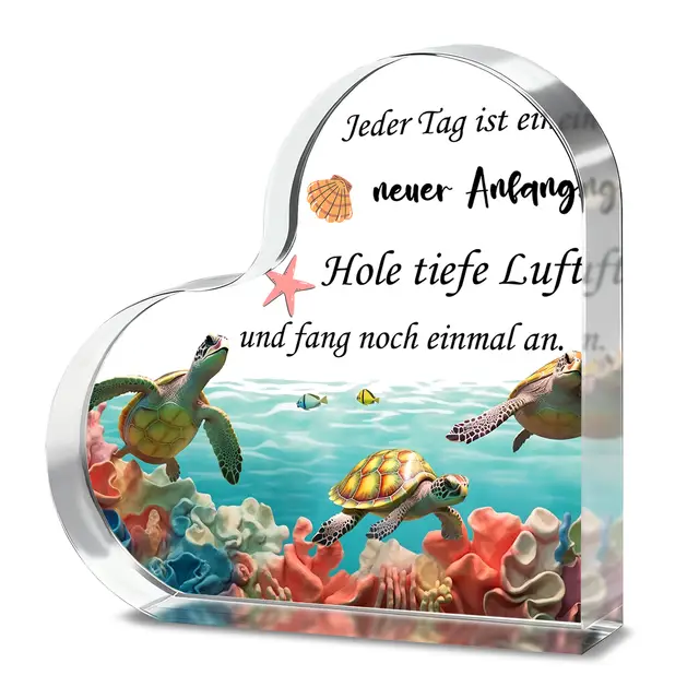 Alphynix Herz-Plakette, deutsche Inspiration, „Jeder Tag ist ein neuer Anfang“, Geschenk aus Acryl mit Meeresschildkröten und Korallenriff-Motiv, 1 Stück, motivierende Bürodeko
