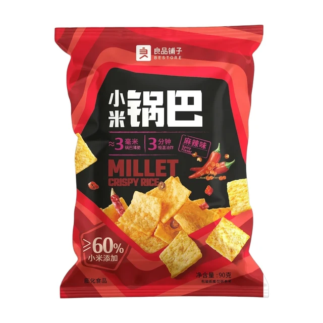 Liang Pin Pu Zi 小米锅巴 krokante rijstcrackers, pittig en tintelend, 90 g/zak
