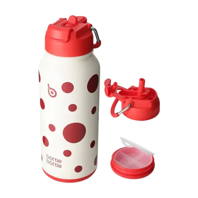 Bottle Bottle Thermal Stainless Steel Bottle with Straw, Dual-Use Lid, for Gym, with Pill Organizer (Polka Pop)