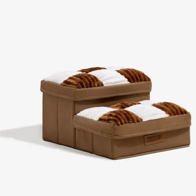 FunnyFuzzy Chessboard Plaid Handcrafted Dog Stairs with Storage Two Steps Brown