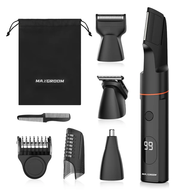 MAXGROOM Body Groomer für Herren, 7-in-1 kabelloser Body-Haartrimmer mit magnetisch austauschbaren Aufsätzen, verstellbarer Führungskamm 1–9 mm, IPX6 wasserdicht, LED-Anzeige, Ganzkörper-Pflegeset