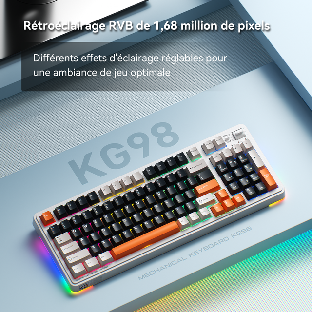 Machenike KG98 Ice Cream Pro Max Clavier mécanique tri-mode avec rétroéclairage RGB latéral et compatible Windows, Mac et PC - Blanc/noir/orange