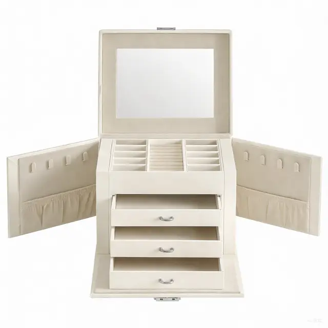 SONGMICSHOME Schmuckkästchen mit Spiegel, abschließbar, 2 Schubladen, Aufbewahrung für Reisen, Geschenkidee, grau