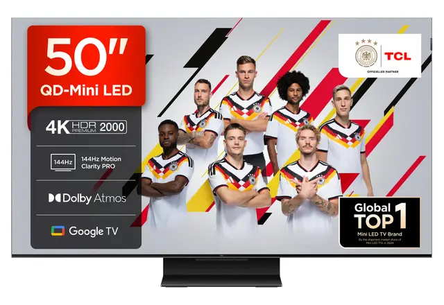 TCL 50Q7C QLED Mini LED Fernseher, 50 Zoll, 4K HDR Premium, Dolby Vision IQ & Atmos, Smart TV mit Google TV, Onkyo 2.0 Sound, 144Hz VRR, AMD FreeSync Premium Pro, HDMI 2.1, AirPlay 2, Alexa, IMAX Enhanced