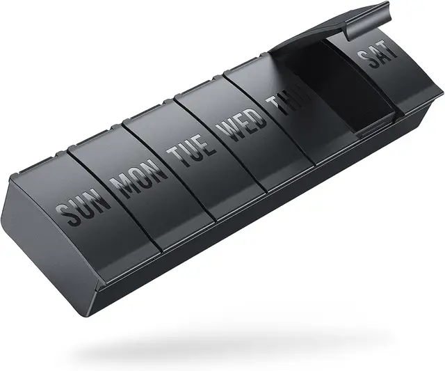 VVM 7-daagse pillendoos, wekelijkse medicijndoos, pillenbox voor op reis, geschikt voor grote vitaminen, supplementen, visolie, zwart 1 stuk