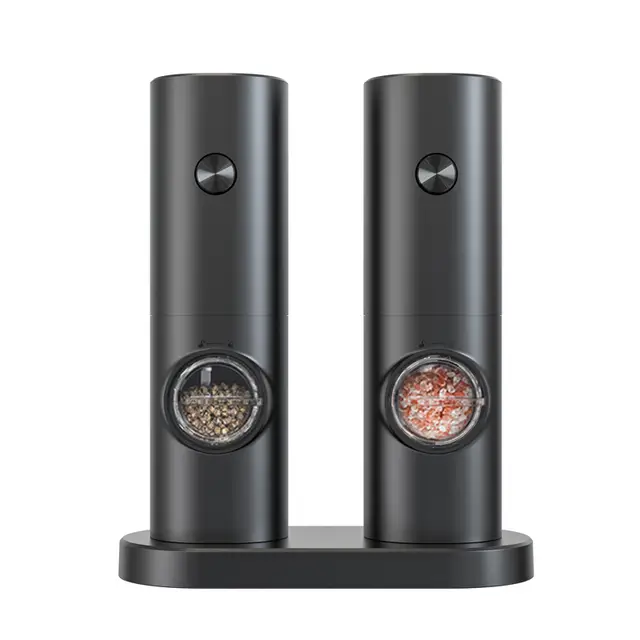 Cuisync Electric Salt and Pepper Grinder Set with Base-- Automatic Pepper Mill Grinder with LED Light, One-Hand Operation for Kitchen Gadgets(2 Pack,Black)，KYMQ-14-BS（need 4 AAA battery）