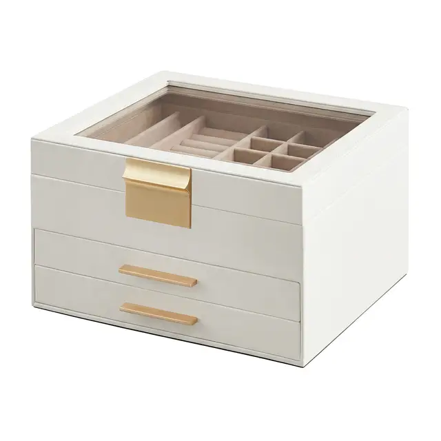 SONGMICSHOME Schmuckbox mit Glasdeckel, 2 Schubladen, Schmuckaufbewahrung, modern, viel Stauraum, Geschenkidee, weiß-golden