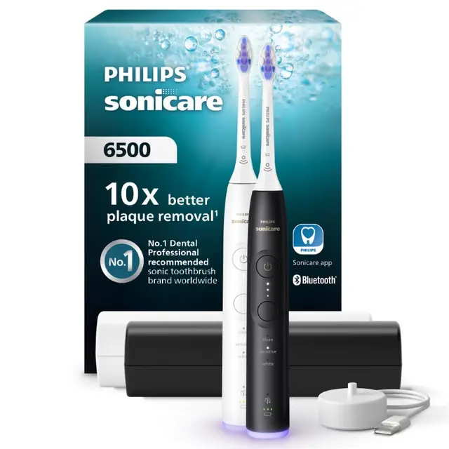 Philips Sonicare 6500 Series - Elektrische Tandenborstel - Zwart & Wit - Duopack - Reisetui - Gevoelige tanden - HX7419/01 
