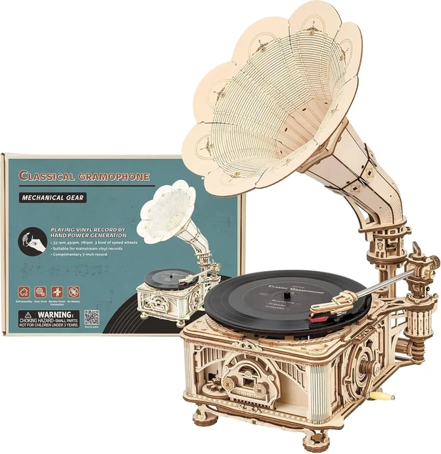 Robotime elektrische klassieke gramfoon 3D-houten bouwset 22,1 x 22,6 x 42,9 cm 1 stuk, huisdecoratie, decoratie voor boekenplanken, cadeaus voor volwassenen en tieners, educatief speelgoed