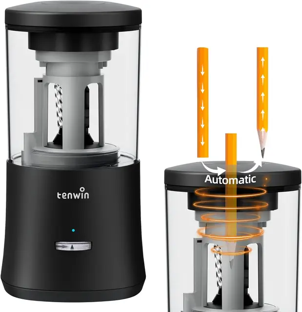 tenwin Electric Pencil Sharpener, Fully Automatic Pencil Sharpener for 6-8mm Colored Pencils, Hands-Free Rechargeable Sharpener, Fast Sharpening, No Uneven Tips, Also for Short Pencils, Black