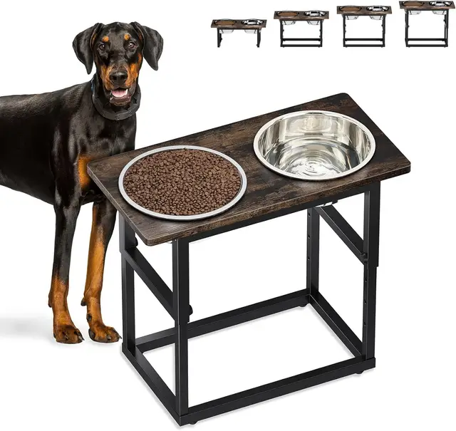 VVM Verhoogde Hondenvoerbakken voor Grote en Extra Grote Rassen, 5 Verstelbare Hoogtes, 2 Roestvrijstalen Voerbakken, Verhoogde Voerstandaard voor Honden, Bruin