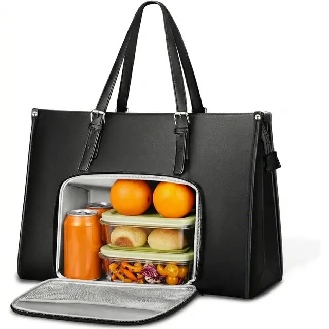 Laptop Bag Women with Insulated Lunch Compartment， Laptop Handbag 15.6 Inch， Work Bag Women Large， Briefcase Waterproof， Shopper Bag Leather， Shoulder Bag for Business， School， Black， New Year Sale ， Top gift picks