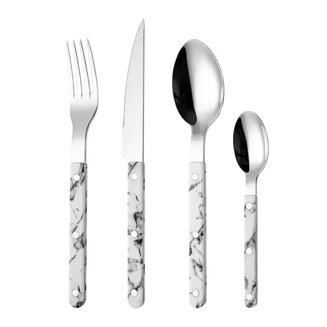 Fangyuan 4 Pieces Cutlery Set Marble Silvery Stainless Steel with Knife, Fork, Spoon, High-Quality Stainless Steel Cutlery, Dishwasher Safe Kitchen Set S286