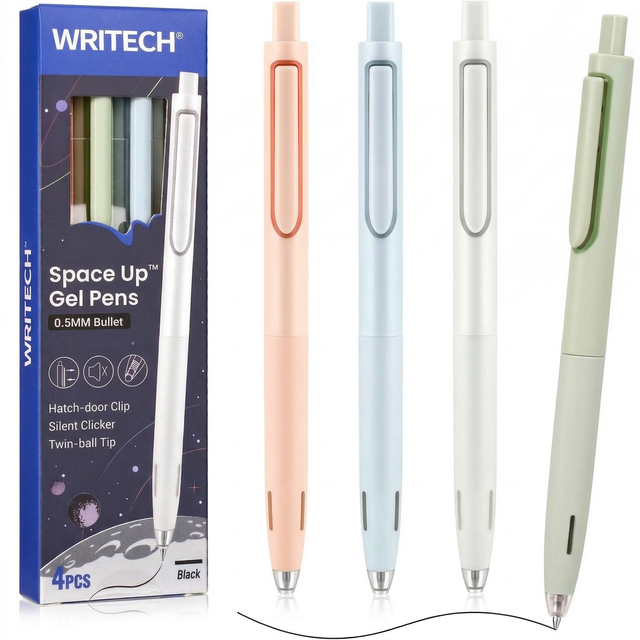 WRITECH Gelstift, feine Spitze, 0,5 mm, rückziehbar, schwarz, flüssig für Journaling, leiser Klick, 4er-Set, Up-Gel