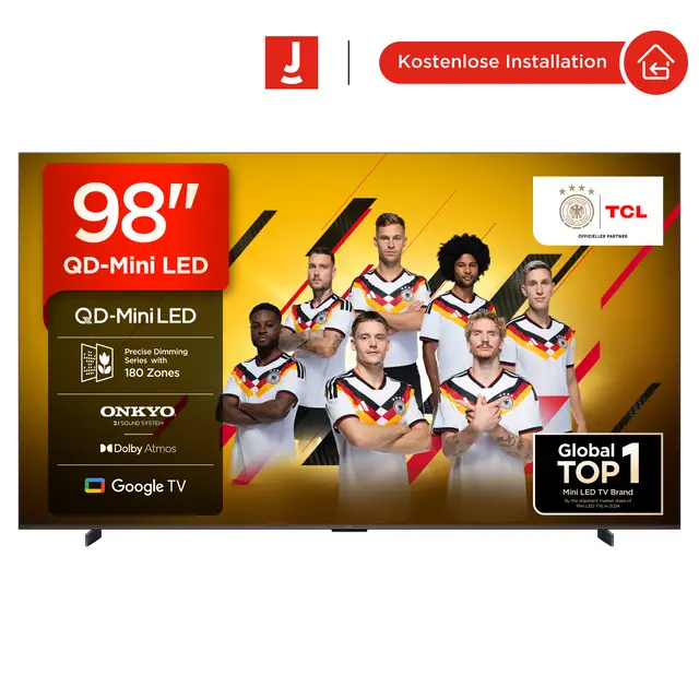 TCL 98Q6C QD-Mini LED Fernseher, 98 Zoll, 4K HDR Premium, Dolby Vision IQ & Atmos, Onkyo 2.1 Sound, Google TV, Smart TV, Game Master, 144 Hz, FreeSync Premium Pro, HDMI 2.1, AirPlay 2, Alexa & Google Assistant