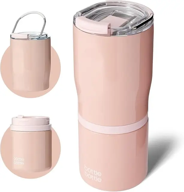 Bottle Bottle Gobelet à café en acier inoxydable avec anse et 2 couvercles, 625 ml, sans BPA (rose), Vente Nouvel An, Idées cadeaux top