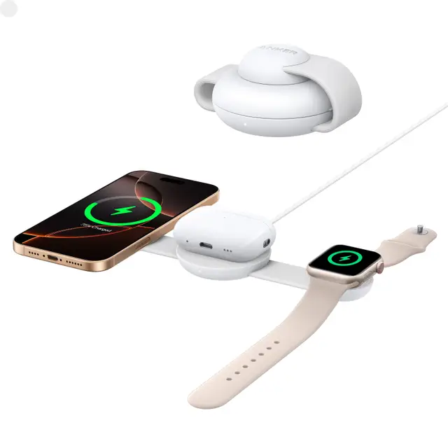 Anker MagGo kabellose Ladestation (3‑in‑1, faltbare Ladeplatte, weiß)