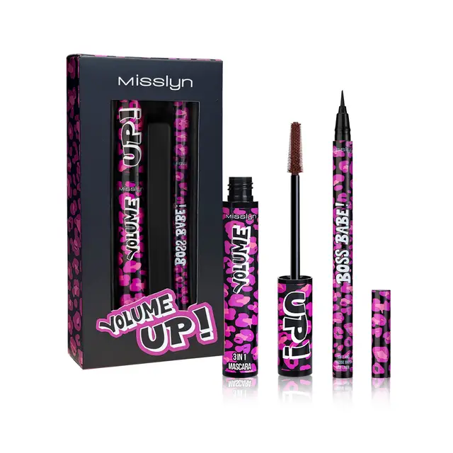 MISSLYN BOSS BABE eyeliner- en mascara-set, langhoudend, verlengt wimpers, lichtgewicht formule, getinte, haarachtige vezels, verandert dunne wimpers in volle wimpers, afwasbare formule, waterdichte vloeibare eyeliner, cadeau voor Damesdag