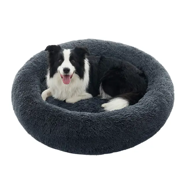 SONGMICSHOME Flauschiges Hundebett, Katzenbett, Donut-Kissen, waschbar, herausnehmbares Innenkissen, langfloriges Plüsch, 100 cm Durchmesser, dunkelgrau