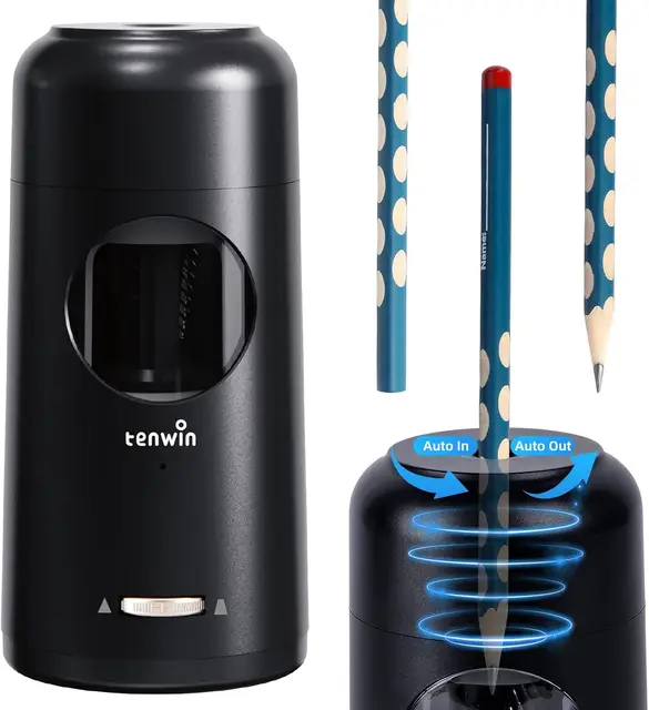 tenwin Fully Automatic Electric Pencil Sharpener, Rechargeable with Container for 7-11.5mm Pencils & Colored Pencils, Fast Sharpening, Portable and Safe for Home, Office, School Use (Black)