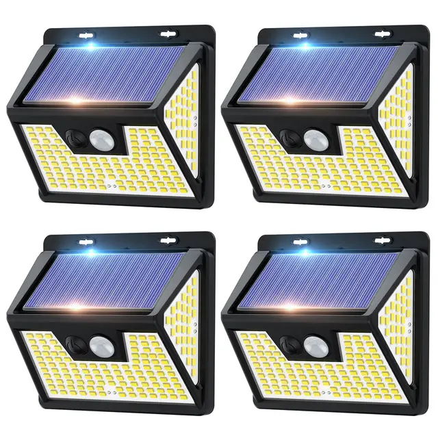 VIVREAL Solar-Wandleuchten, 4er-Pack, solarbetrieben, 140 LEDs, kabellos, IP65-Schutz, 3 Modi, Bewegungssensor, Outdoor-Garten-Sicherheitsleuchten, Neujahrsmarkt, Top-Geschenkideen