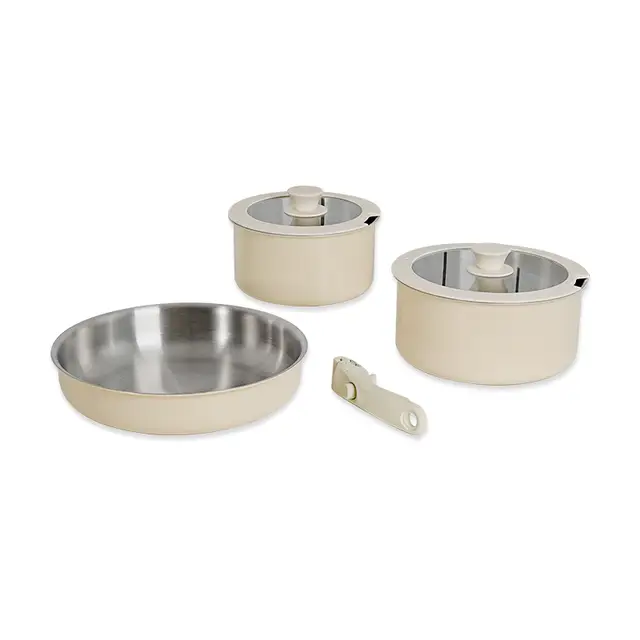 PURECOOK 304 Série de batterie de cuisine en acier inoxydable triple feuillet non collante 6 pièces | Extérieur : revêtement céramique blanc cassé, Intérieur : acier inoxydable 304, Poignée amovible + couvercle en verre silicone (casserole à lait 18 cm, marmite à soupe 22 cm, poêle 26 cm)