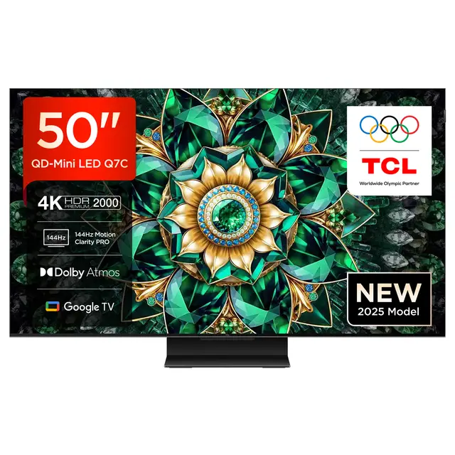 TCL 50Q7C QLED Mini LED Fernseher, 50 Zoll, 4K HDR Premium, Dolby Vision IQ & Atmos, Smart TV mit Google TV, Onkyo 2.0 Sound, 144Hz VRR, AMD FreeSync Premium Pro, HDMI 2.1, AirPlay 2, Alexa, IMAX Enhanced