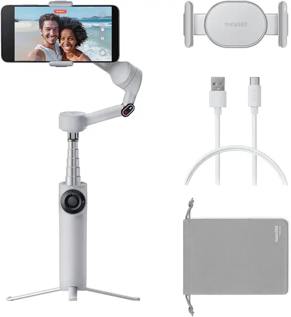 Insta360 Flow 2 Grau, faltbarer KI-Smartphone-Gimbal mit KI- und Mehrpersonen-Tracking, integriertem Stativ/Selfie-Stick und Fernbedienung für iPhone/Android