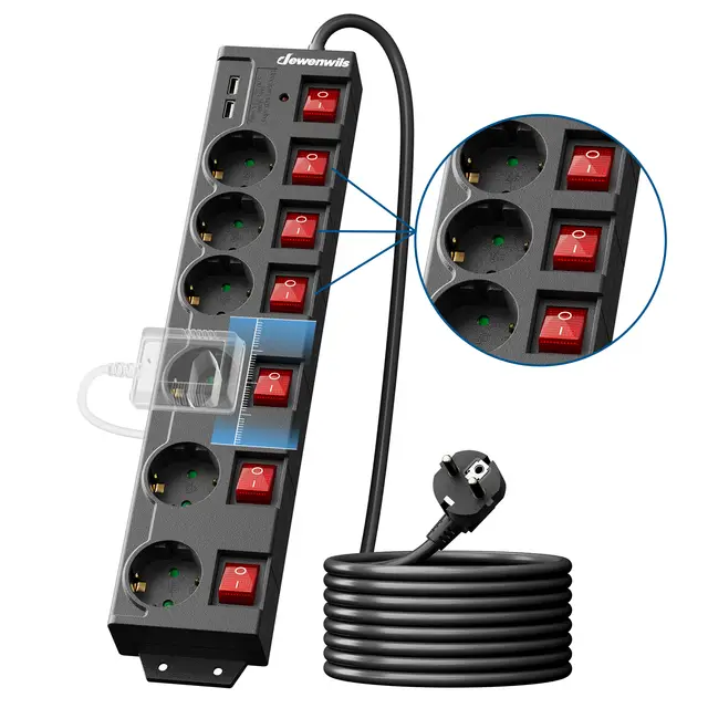 Dewenwils 6-fach Steckdose mit Einzelschaltern, multifunktional, Verlängerungskabel, mit Überlastschutz, Kindersicherung, 90° drehbare Steckdosen, 2 m, schwarz
