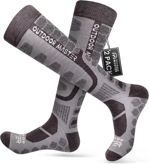 OutdoorMaster Lot de 2 paires de chaussettes de ski en laine mérinos à compression gris foncé - Taille L