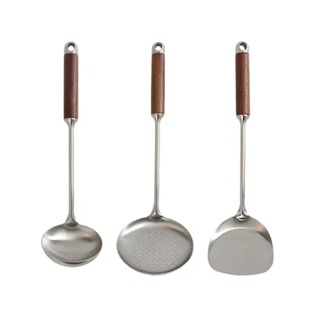 Ensemble de Spatules et Louche PURECOOK Série 304 avec Manche en Bois - Lot de 3 Pièces