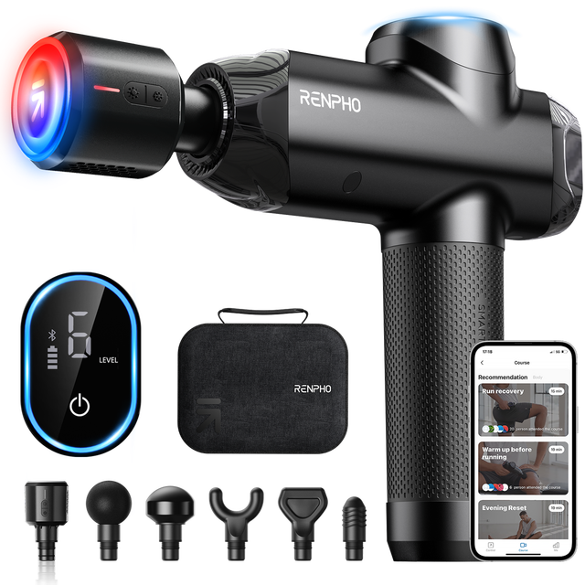 Renpho Power+ Handheld Massage Gun, Deep Tissue Percussion, Heating & Cooling, Cordless, 6 Heads, 6 Speeds, Powerful Motor, Black