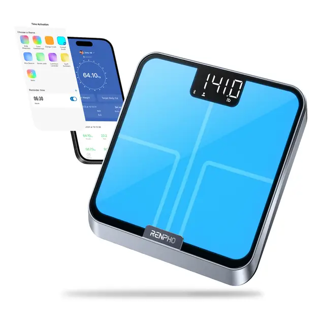RENPHO Elis Chrome Smart Body Weighing Scale, Measures BMI, Digital Display, Bluetooth & App Connectivity, Blue/Chrome