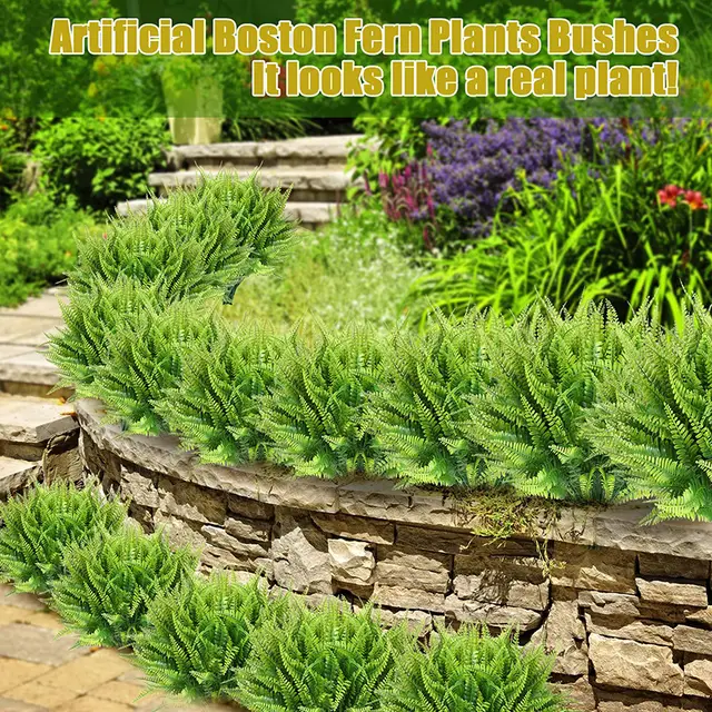10 Stück 16 Zoll/41 cm  
Künstliche Boston-Farnpflanzen, künstliche Boston-Farnstiele, Kunstpflanzen, künstliche Outdoor-Kunststoffbüsche im Set für hängende Dekorationen im Büro, auf der Veranda, am Fenster oder für Zuhause