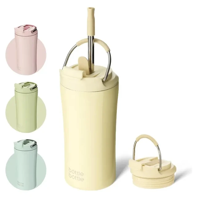 Bottle Bottle Reisekaffeebecher für Eis, doppelwandig, 12 oz mit Griff (Gelb), Neujahrssale, Top-Geschenkideen, Doppeldeckel mit Doppelsauger