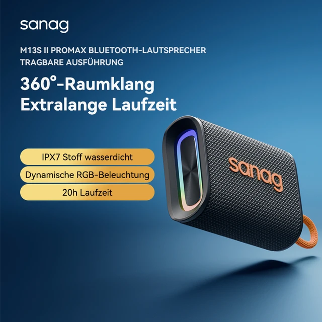 Sanag  M13SIIProMax Fabric Strong Bass RGB IPX7 Waterproof Portable Bluetooth Wireless Speaker Weaving Fabric HIFI Outdoor Speaker S-M13SIIProMax-PT-Speaker-Black