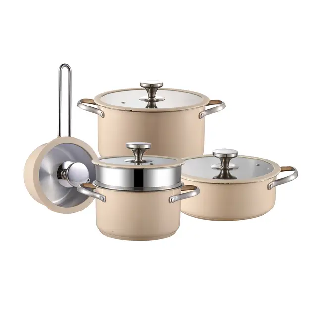 Série de batterie de cuisine PURECOOK en acier inoxydable 304 revêtu de céramique colorée
Pot à lait 16 cm, Pot à soupe 18 cm avec insert vapeur, Pot chaud 22 cm, Pot à bouillon 24 cm - Revêtement céramique beige, Base multi-ply, Couvercle en verre silicone conducteur de chaleur, Acier inoxydable 304