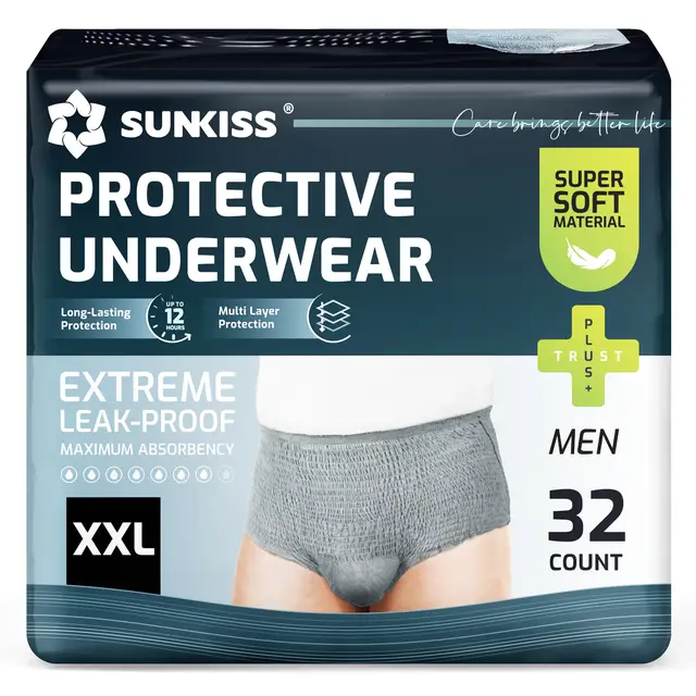 SUNKISS Inkontinenz Pants Männer, Tagsüber Einweg Erwachsenen Windelhosen, Herren Windeln mit Maximaler Saugfähigkeit, Grau, Größe XXL, 32 Stück 1er Pack
