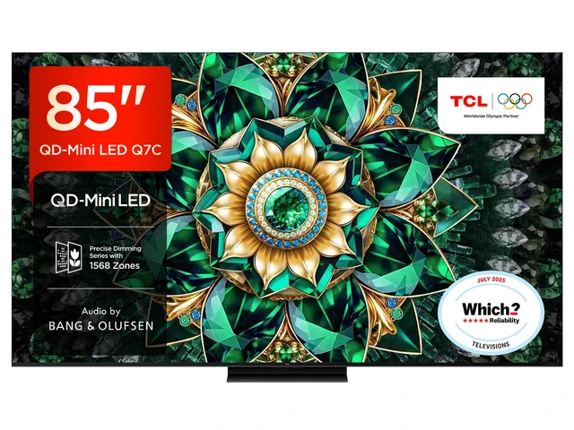 TCL 85Q7C-UK 85” QD-Mini LED TV, 4K UHD, Smart Google TV with 144Hz Motion Clarity Pro, Dolby Atmos​, Audio by Bang & Olufsen, Game Master